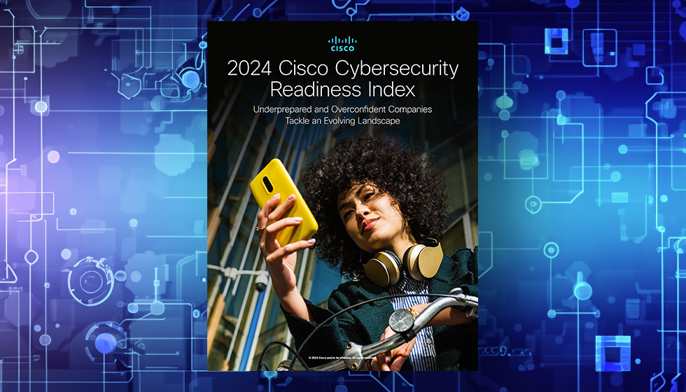  The image shows a woman looking at her yellow smartphone with a background of a city. It also has the title '2024 Cisco Cybersecurity Readiness Index'.